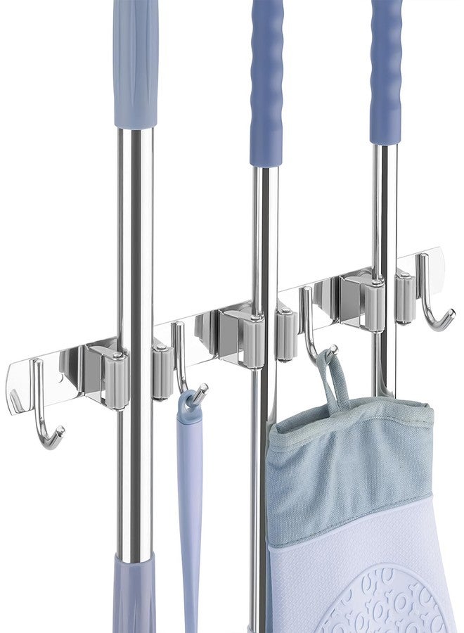 Livzing Mop Holder Stainless Steel - Wall Mount Broom Holder - Multipurpose Tool Organizer for Home, Garage, Kitchen and Storage room - Broomstick Hanger- Mop Holder for Wall (3 Slot-4 Hooks) - Image 1